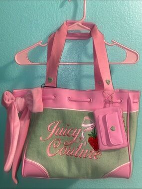 Juicy Couture Daydreamer Y2K Tote Bag pink and green with strawberries